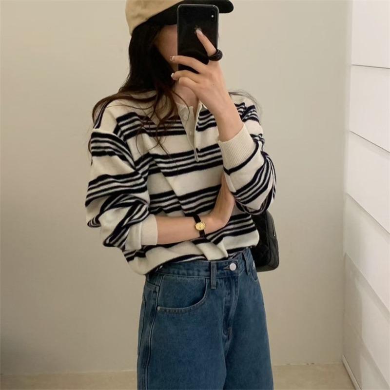 College Style Color Matching Striped Long-sleeved Knitted Sweater Autumn and Winter New Loose and Thin Casual Collar Pullover Sweater Women