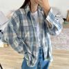 Women Long Sleeve Blue Plaid Shirt Vintage Oversized Loose Fit Blouse for Woman