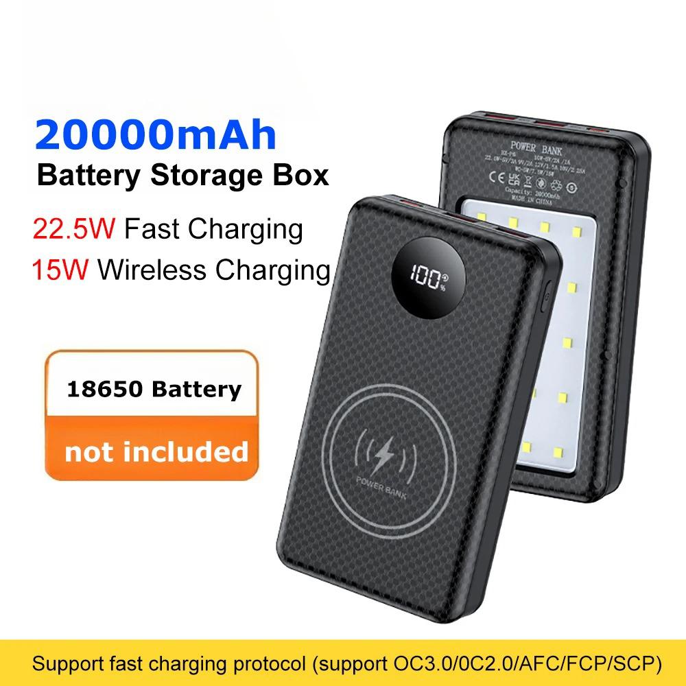 37.5W Fast Charging Battery Box 22.5W Wired +15W Wireless 20000mAh 6x18650 External Power Bank Case Battery Charge Storage Box