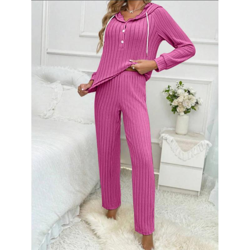 Women's Home Wear Set Casual Fashion Pit Strip Brushed Long-sleeved Hooded Button T-shirt Trousers