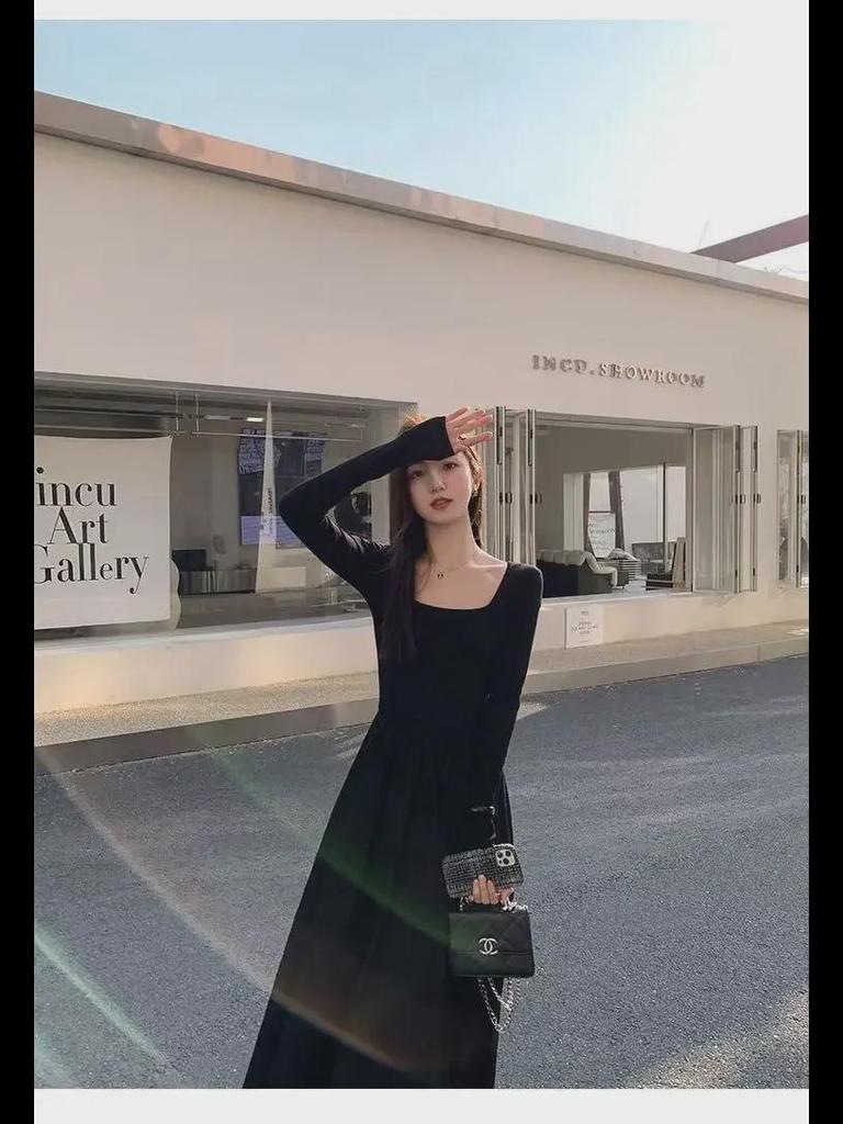 2024 Женское платье А-силуэта с французским квадратным вырезом и длинными рукавами - Весна/Осень, макси, утягивающее талию