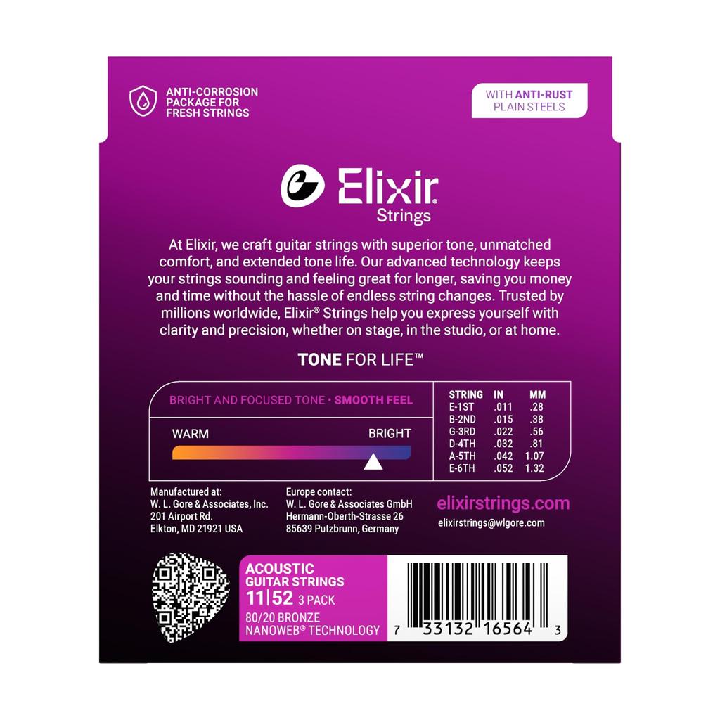 Elixir Acoustic Guitar Promotional NANOWEB Bronze Custom Light Strings, 3-Pack Pack, 80/20 .011-.052 #16564 (11027, 3-Pack)