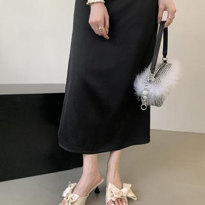 Туфли-шлепанцы на квадратном каблуке средней высоты с бантом, однословные черные сандалии, женская обувь