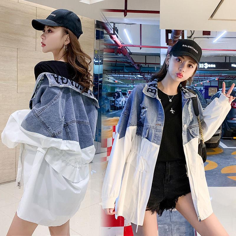 Spring Autumn Fashion Medium Long Splicing Denim Jacket Female Loose All-match Casual Cowboy Overcoat Female Windbreaker