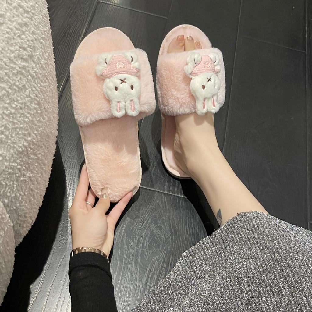 Fashion Winter Women's Warm and Fluffy Home Cute Rabbit Pattern Furry Cotton Slippers