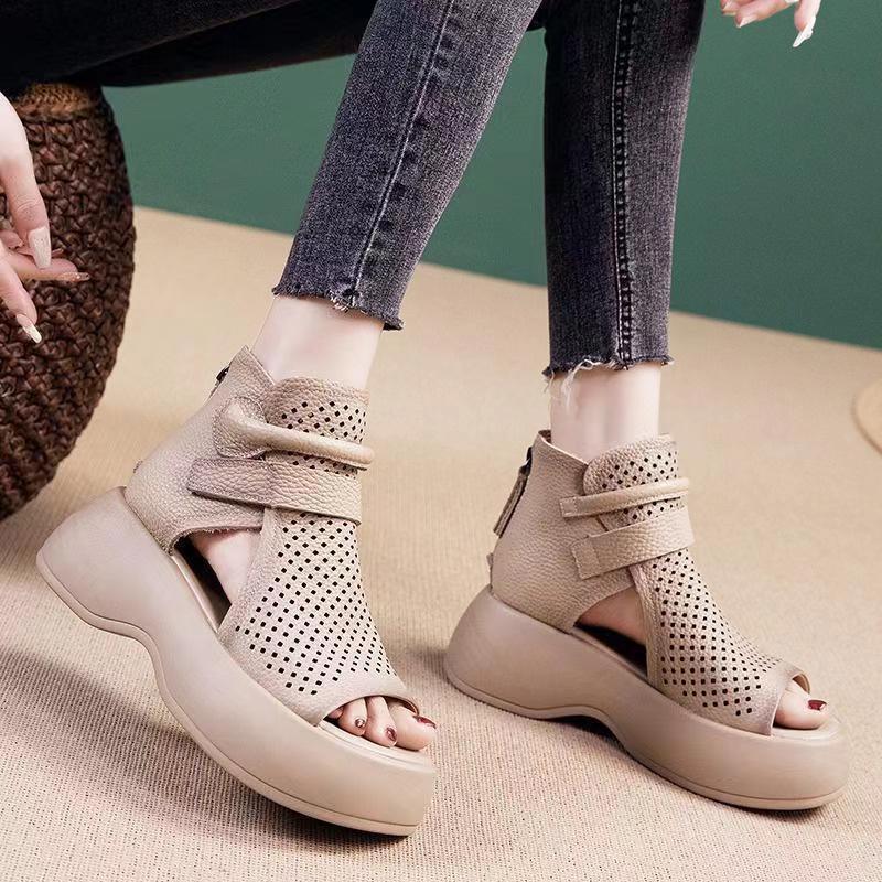 Soft Leather Casual Large Size Roman Sandals Women's Summer 2025 Retro Comfortable Thick-soled Fish Mouth High-top Sandals Hollow Cool Boots