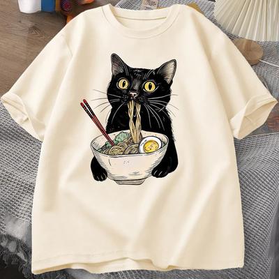 Футболка с изображением лапши Ramen Cat, футболки Foodie Lover, черные футболки с изображением лапши Cat, повседневная футболка с коротким рукавом в стиле ретро для мужчин и женщин, одежда