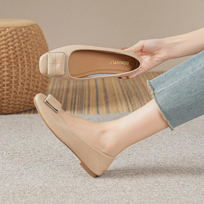 Женские балетки из натуральной кожи, весна 2025: Низкий вырез, Универсальный массивный каблук, Большие размеры 41-43, Идеально для летней работы.