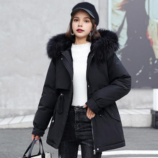 Winter Women Jacket Furry Hood Long Sleeves Drawstring Waist Pockets Zipper And Button Closure Windbreaker Mid Length Solid Color Windproof Warm Coat