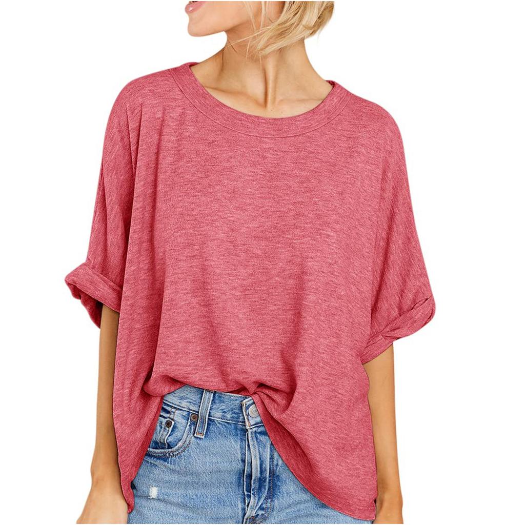 Women's Short Sleeve Dressy Solid Color Loose Top Summer Round Neck Loose Casual T-Shirt