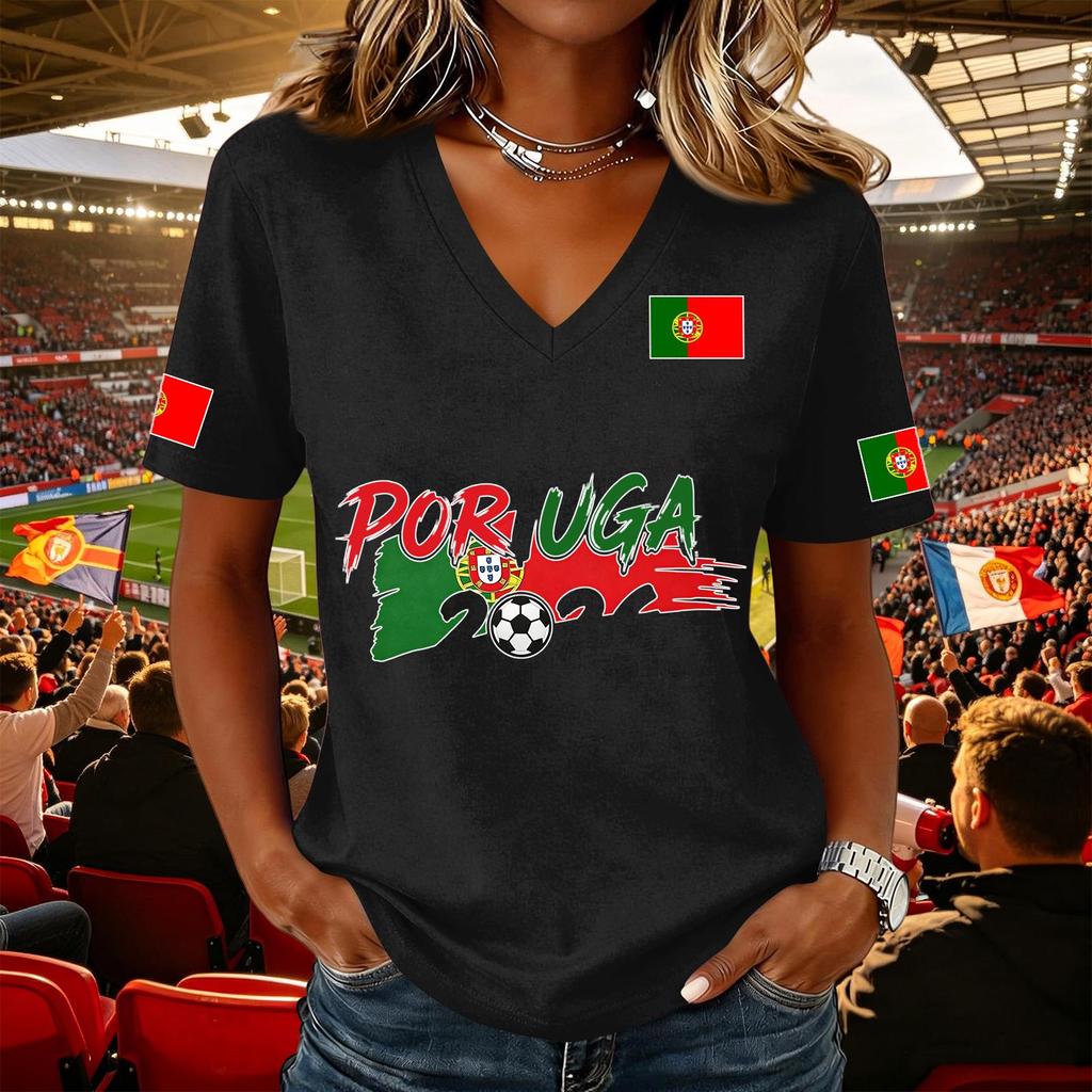 Women V Neck Pullover T Shirt Short Sleeve Casual Soccer Flag Print Top Supporter Jersey Tee for Game Day Wear