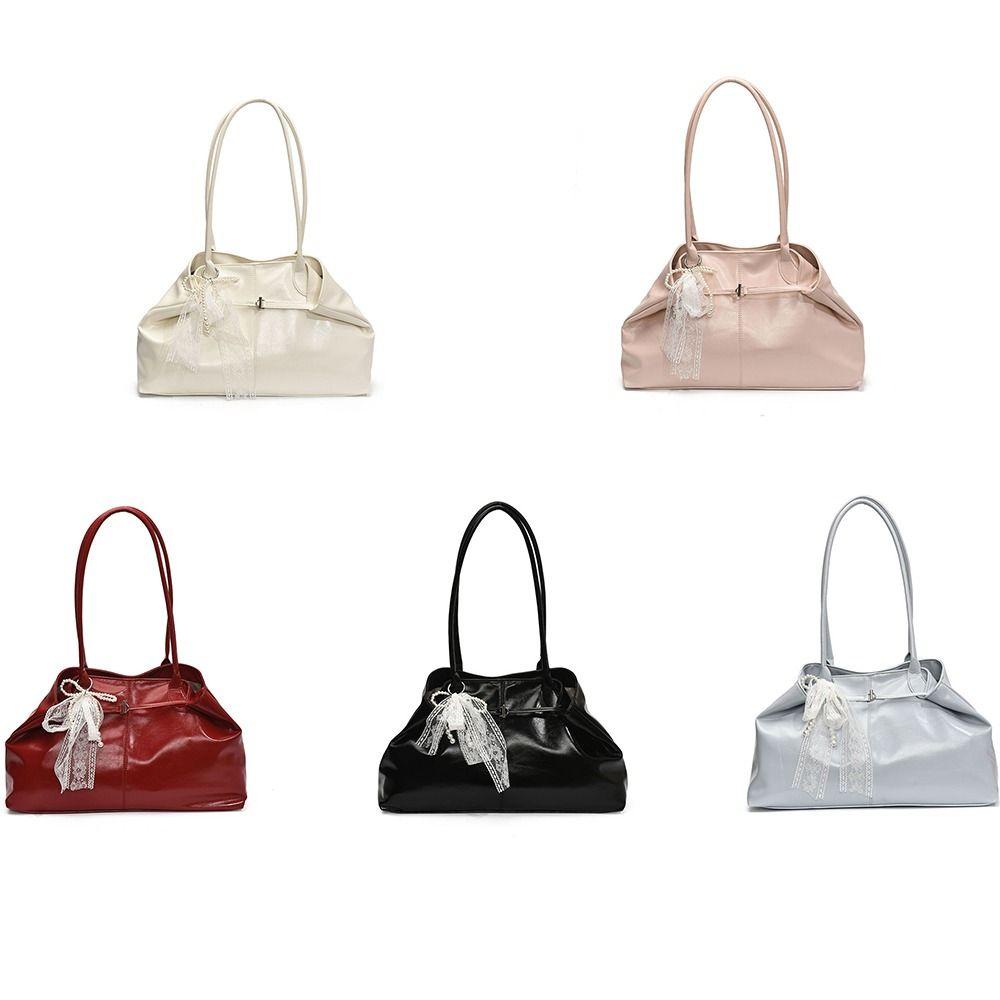 PU Leather Shoulder Bag Tote Bag with Bow Lace Pendant Versatile Armpit Bag Solid Color Large Capacity Underarm Bag Travel