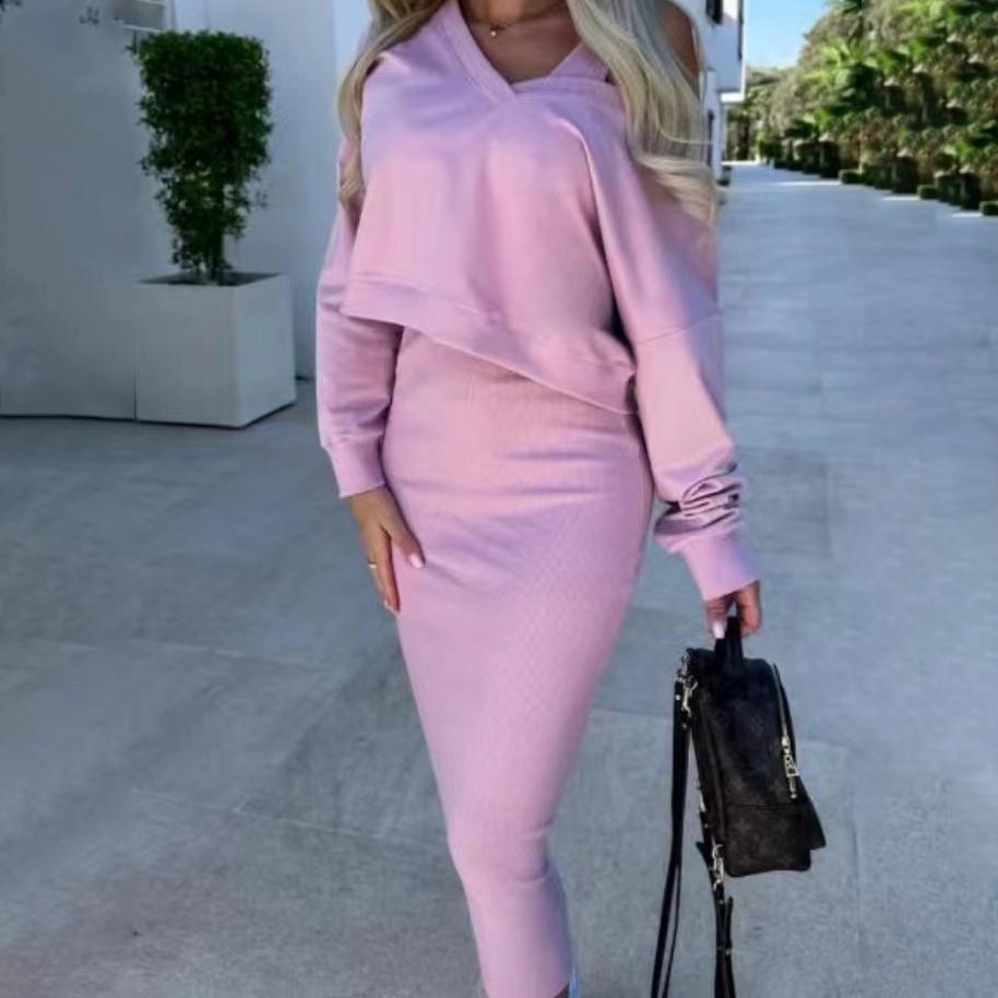 Women's Autumn And Winter Long-sleeved Top Knitted Dress Two-piece Vest Dress V-neck Sweater Knitwear Set