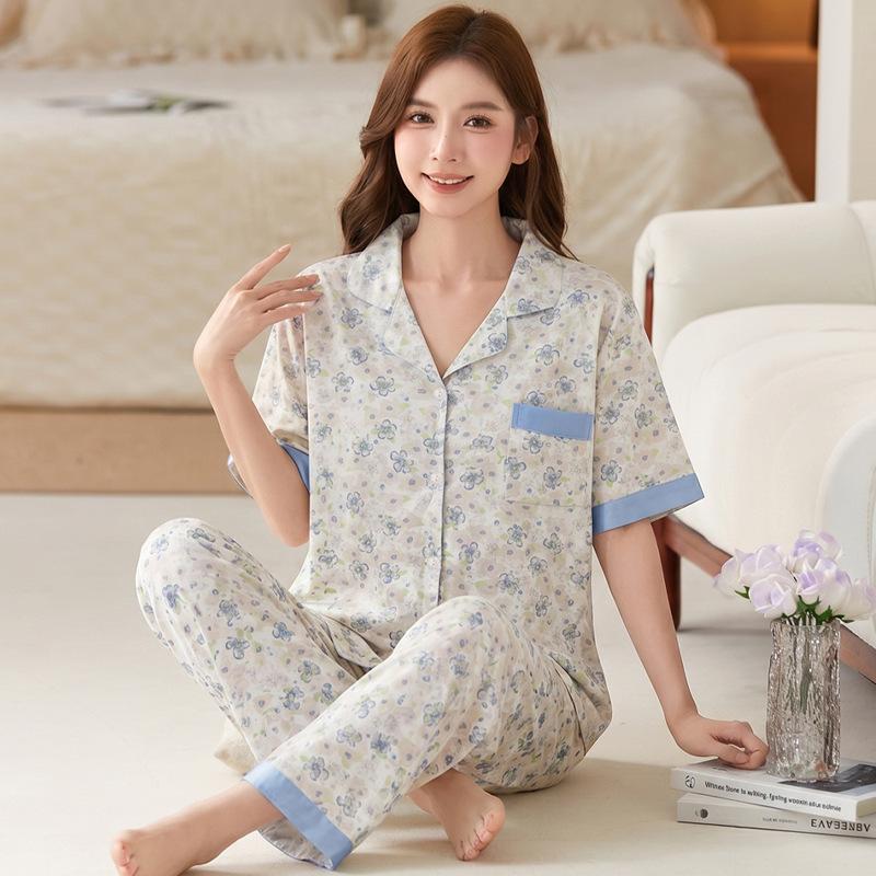 Guofeng high-end middle-aged mother generation imitation cotton pajamas floral design short sleeves trousers loose large size set