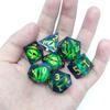 7Pcs/Set Green Dragon Eye Dice Vintage Portable Mini Clear Golden Number Sharp Edge Funny Resin Polygonal Board Game Dice Prop