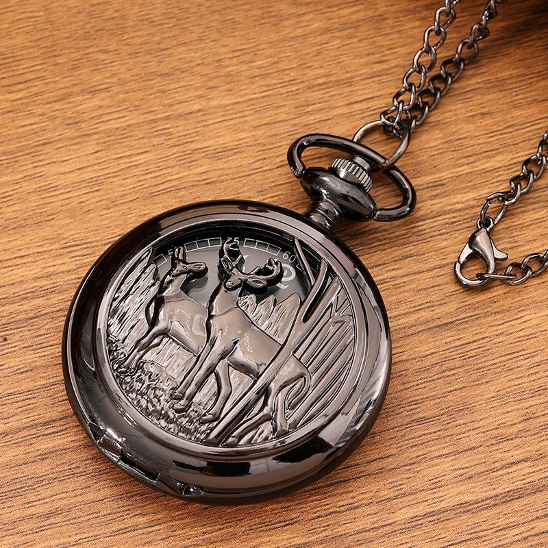 Retro Fashion Men's Black Pocket Watch,Vintage Deep Forest Deer Necklace Pendant Quartz Pocket Watch for Men & Women,Ideal Choice for Gifts