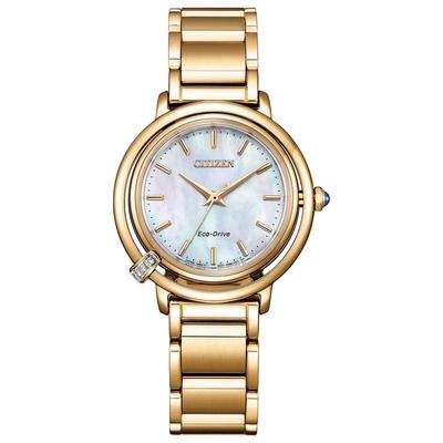 Женские часы Citizen ARCLY Collection Белые с сменным золотистым браслетом EM1093-61D, Перламутровый циферблат с бриллиантами, Питание от солнечной энергии Eco-Drive, Водонепроницаемые,