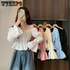 French Style Shirt Niche Temperament Collarbone Gentle Style Cinched Waist Ruffle Edge Shirt Top