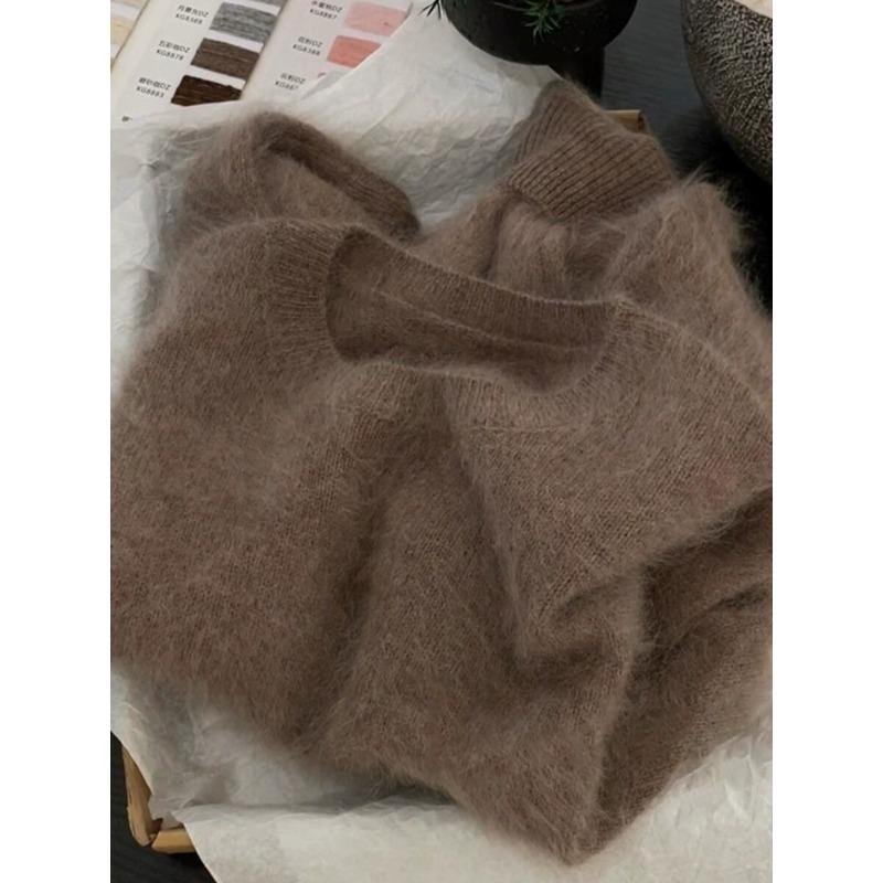 Premium Camel Mohair Soft Waxy Sweater Women's Autumn and Winter New Pullover Cashmere Knitted Sweater Top