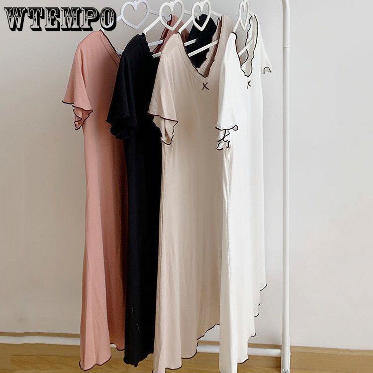 WTEMPO Ночная рубашка из модала с бюстгальтером, женская летняя тонкая свободная пижама с короткими рукавами, большие размеры, однотонная повседневная домашняя одежда