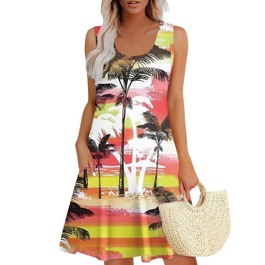 Женские летние платья, свободные сарафаны без рукавов с U-образным вырезом и карманами