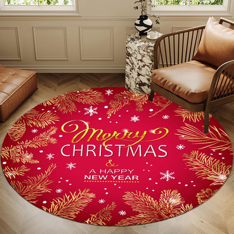 1pc Merry Christmas and Happy New Year Round Rug, Non-slip Polyester Crystal Fleece, Suitable for Indoor, Bedroom, Living Room
