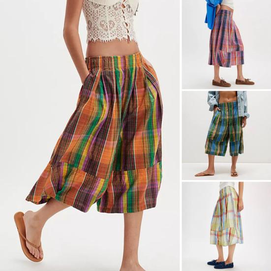 Women's Summer Boho Plaid Culotte Pants Casual Wide Leg Palazzo Trousers Baggy Cropped Gingham Capris Pants with Pockets