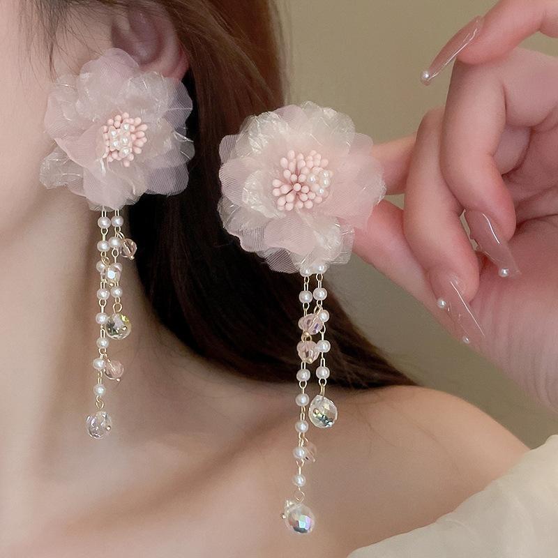 Серебряные needle flower mesh серьги-гвоздики с бахромой, свежие и милые, в стиле морского отпуска, модные, универсальная атмосфера