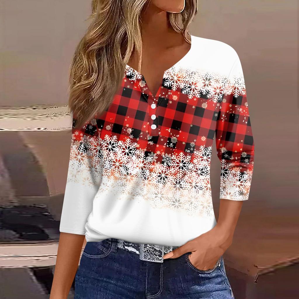 Женская футболка с рождественским принтом, на пуговицах, рукав 3/4, повседневная мода на выходные, базовый топ с V-образным вырезом