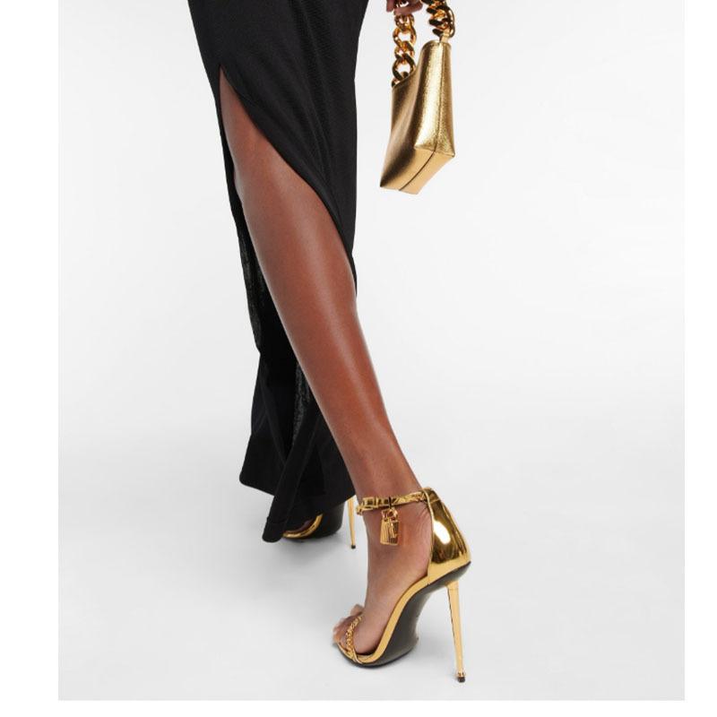 Мода Мода Минималистичная Золотая Цепь Навесной Замок Босоножки на Высоком Каблуке Европейский Американский Сексуальный Тонкий Каблук Открытый Носок Металлическая Цепь Заостренный Носок Высокие Каблуки