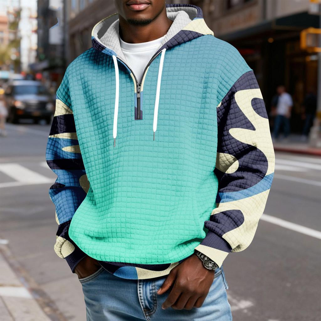 Мужской худи-пуловер в клетку с капюшоном на молнии до середины, со шнурком и принтом, повседневная спортивная толстовка