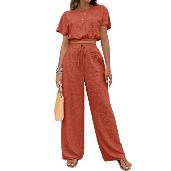 Комплект из 2 предметов: топы и брюки, О-образный вырез, короткий рукав, эластичный подол, повседневный свободный крой, однотонный, с высокой талией, длинные брюки