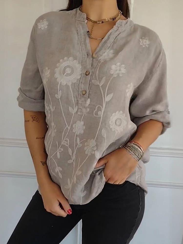 2025 Spring/Summer Women's Lace Embroidery Button V-Neck Shirt