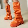 Новые осенне-зимние удобные элегантные ботфорты на низком каблуке с круглым носком и плиссировкой