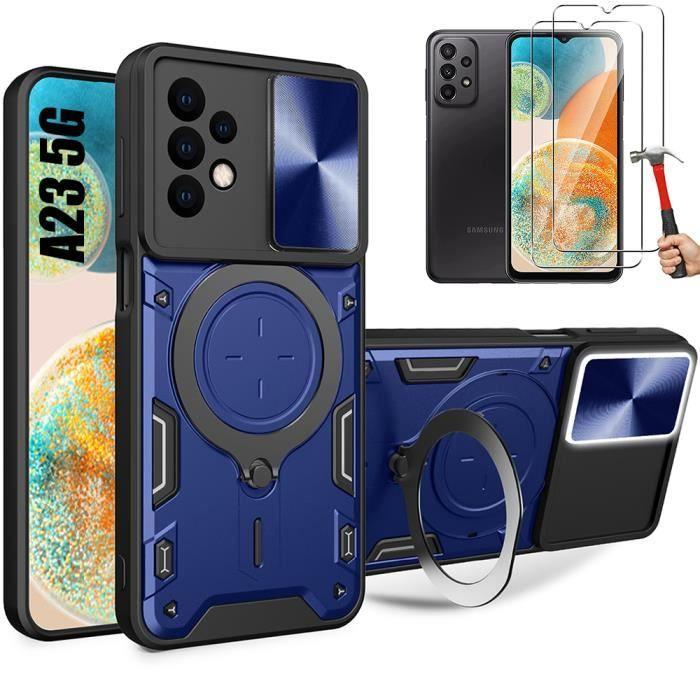 Coque pour Samsung Galaxy A23 5G - Bleu Marine - Support Métal - Protection Caméra - 2 Verres Trempés