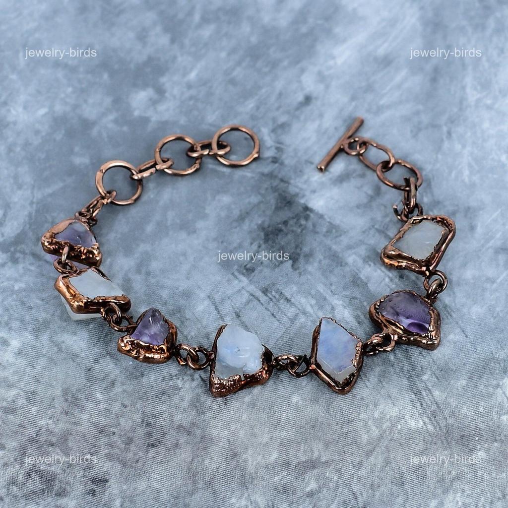 Moonstone Gemstone Electroformed Friendship Mother Gift Bracelet Jewelry Copper VP-124