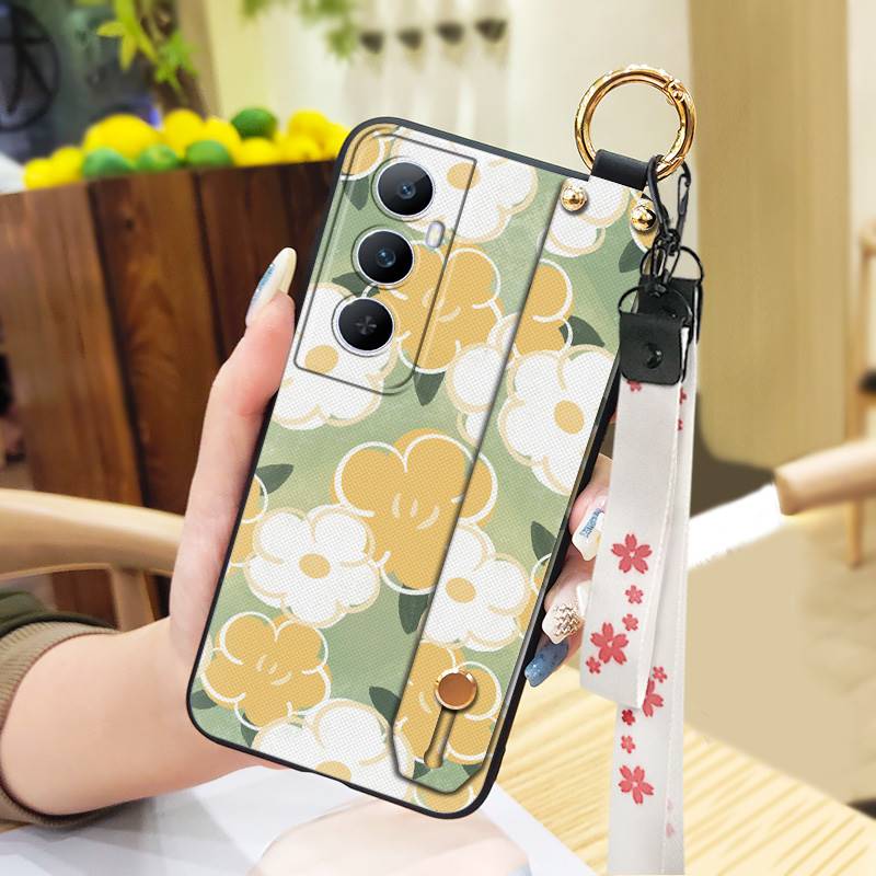 Phone Holder Durable Phone Case For Realme C65 Oil Painting Anti-dust Flower Silicone Shockproof Wristband Waterproof