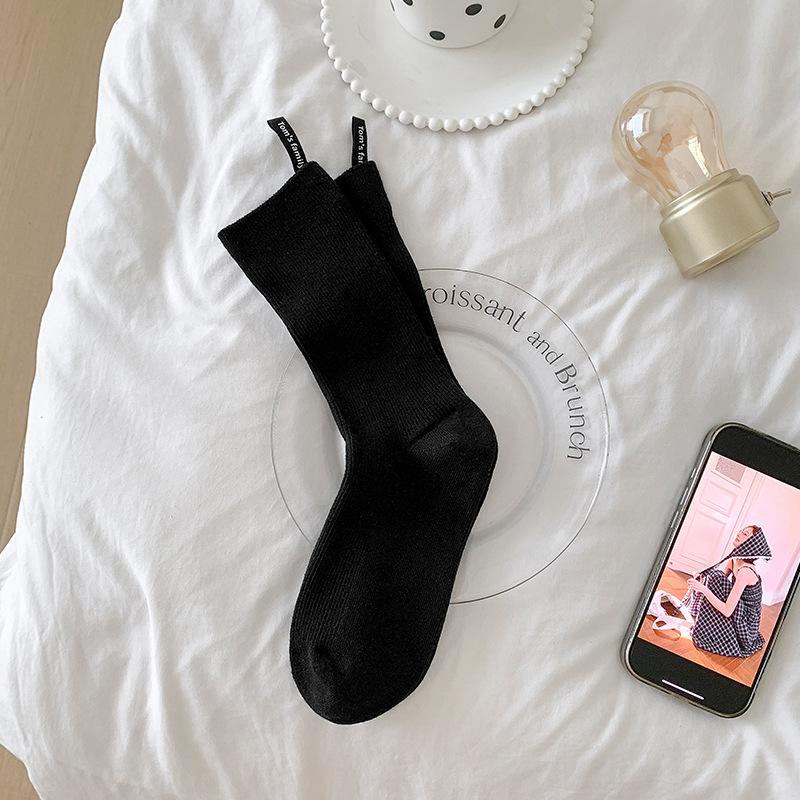 Heel Cloth Label Socks for Women, Solid Color Striped Mid-calf Socks, Spring and Autumn Trendy Pile Socks, Grey Socks