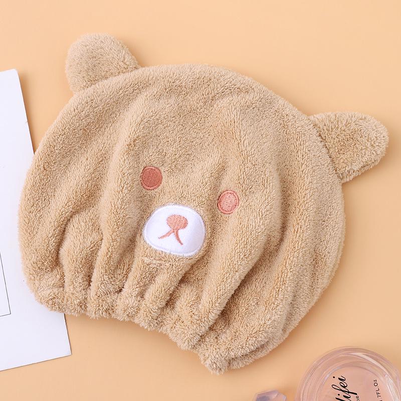 Cute Cartoon Bear Hair Drying Cap - Soft Absorbent Coral Fleece for Kids