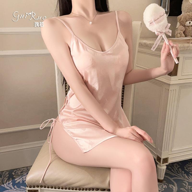 Women's Satin Butterfly Print Deep V Padded Cutout Lace Up Sleep Dress Lingerie Set
