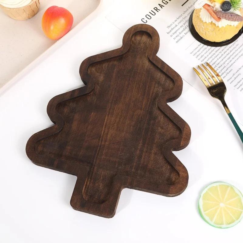 1Pcs Christmas Tableware Wooden Tray Xmas Tree Christmas Hat Shape Dried Fruit Snacks Tray Fruit Plate Cake Dessert Plates