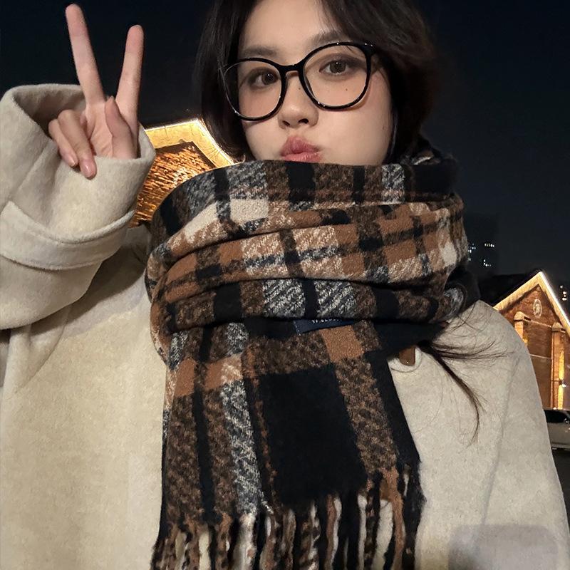 Winter Scarf Women's New High-end Dry Rose-colored Plaid Imitation Cashmere Shawl Scarf Dual-purpose Men's Tide