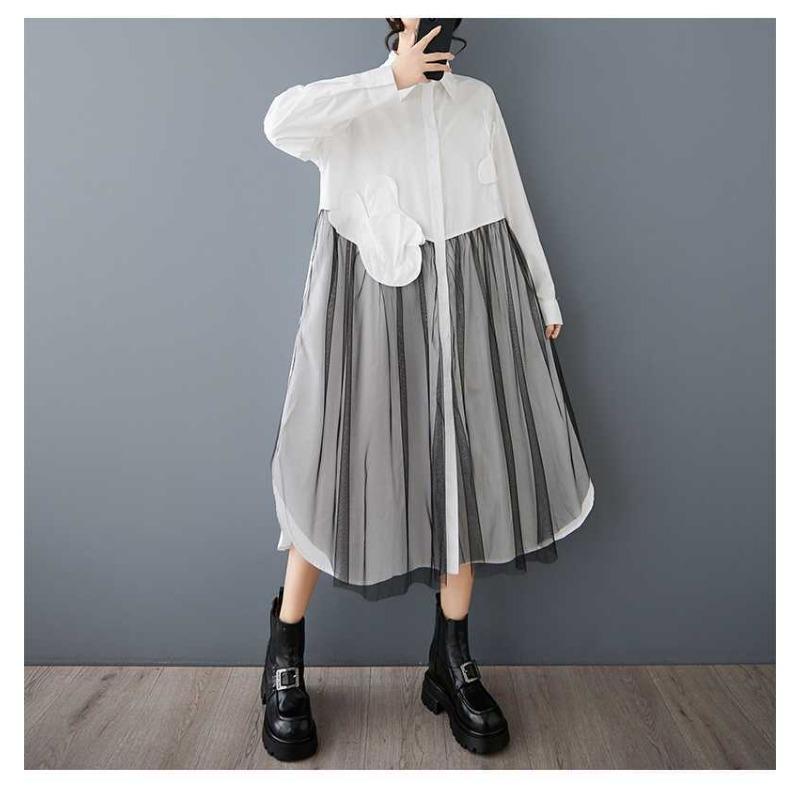 New Mesh Splicing Fashionable Loose Casual Shirt Dress