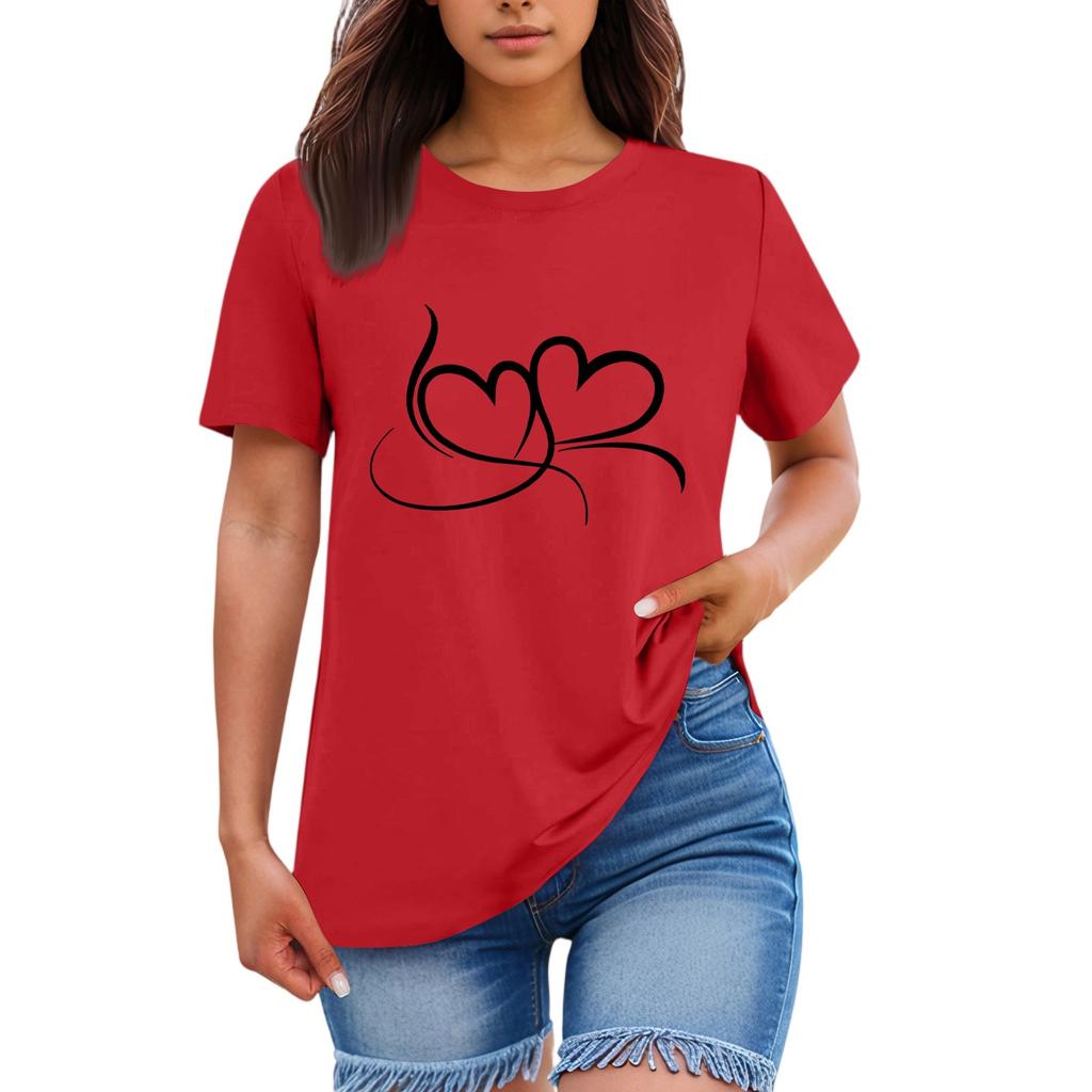Ladies' Loose Comfortable Casual Fashionable Heart Pattern Printed Round Neck Short Sleeved Shirt