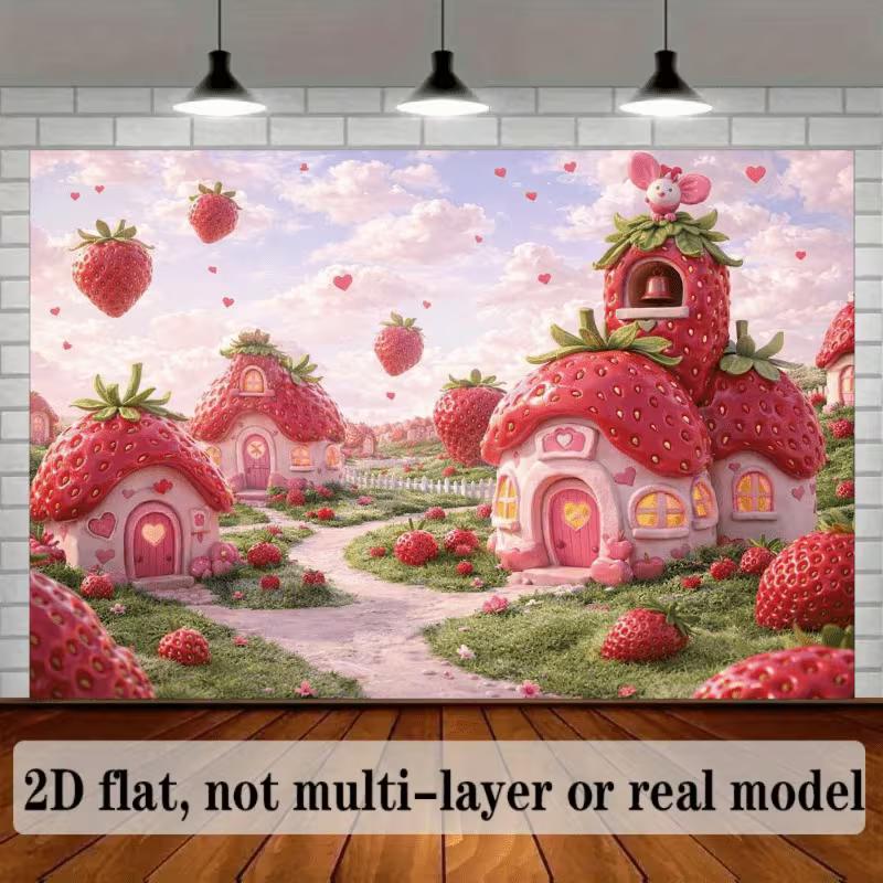 2D Волшебные Домики-Клубнички и Сердечки Фон для Фотосъемки