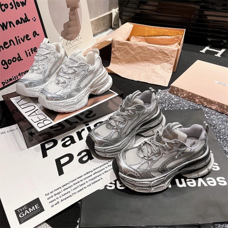 Paris High-end Thin Mesh Dad Shoes Women's Spring and Summer Thick-soled Lightweight Sports Shoes Versatile Silver Casual Shoes