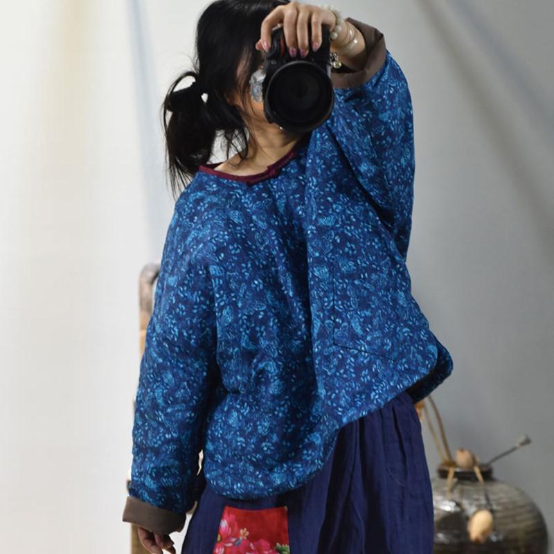 Johnature Women Chinese Style Linen Winter Parkas Print Floral O-Neck Long Sleeve Coats Vintage Warm Women Parkas