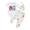 Baby Farm Pants Outfits Letter&House Print Short Sleeve Romper with Animal Print Pants and Hat Set