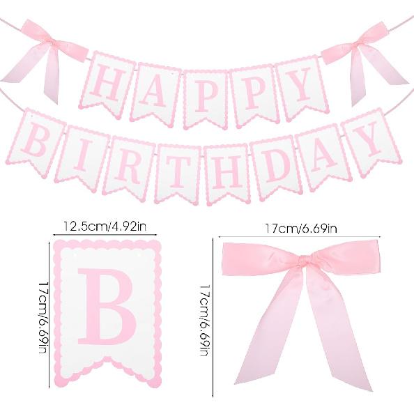 JIEYAO Pink Bow Happy Birthday Banner, Coquette Birthday Garland with Scalloped Letters for Bow Birthday Decorations Women Cake Smash Party