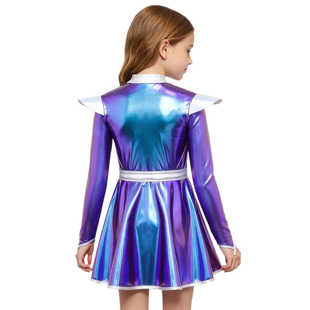 Girls Halloween Alien Robot Costume Long Sleeves Zip Up A Line Dress Belt Shiny Metallic Outer Space